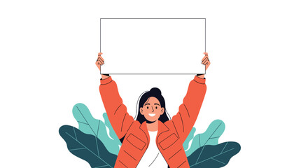 Smiling young woman cheerfully holding up a blank white board or placard, ready for custom text, a message, or an advertisement.