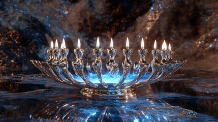 Silver Menorah, its candle flames burning with pure, cool blue energy, reflections in the polished surface show ancient desert starlight, chiaroscuro