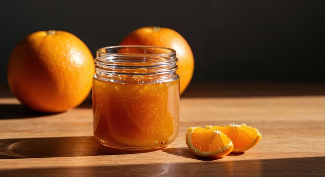 Golden Citrus Delights: A rustic table setting showcases the vibrant beauty of citrus, featuring a jar of homemade marmalade, fresh oranges, and sun-kissed slices.
