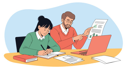 A mentor and a student collaborate on a project, with the mentor explaining data on a document while the student takes notes.