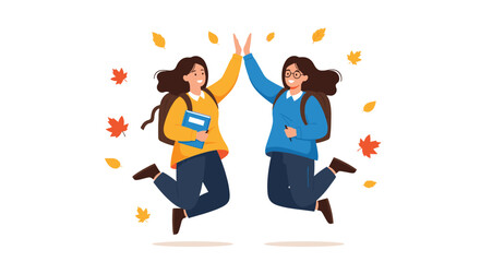 Two cheerful young female students in autumn attire with backpacks high-fiving and jumping with joy, celebrating friendship and academic success.