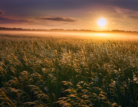 A field of tall grass at sunset with a hazy horizon and a bright sun in the colorful sky above the field - Powered by Adobe