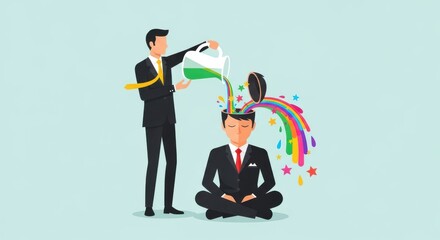 Businessman pouring creativity into another businessmans mind inspiration and imagination