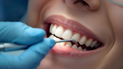 Doctor dentist checks teeth using dental instrument, close-up. International Day of dentist