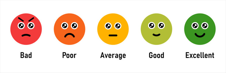  Circle Emoji with Bad–Poor–Average–Good Rating Feedback Scale Illustration