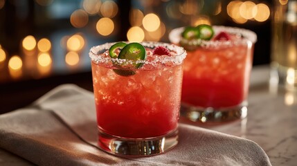 Photorealistic 4K Spicy Raspberry Paloma with two sparkling raspberry tequila glasses featuring sugar rims and jalapeño garnish on a gray linen restaurant table with golden bokeh lighting