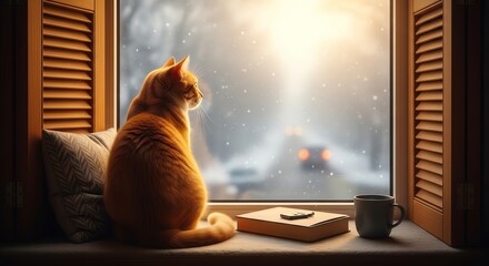 Orange cat looking out window on rainy day