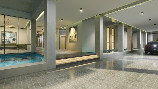 Modern underground luxury parking area with sleek black car and elegant water feature interior design