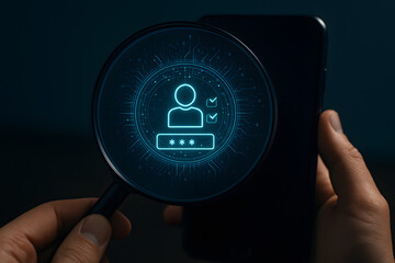 User login verification with magnifying glass and checkmarks