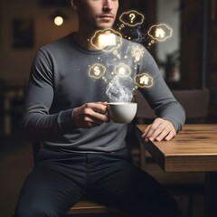 A person sitting at a table in a cozy indoor setting holding a cup with digital icons representing ideas and concepts floating above it
