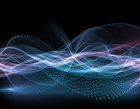Abstract waves of light and dots flowing across a dark background creating a futuristic design look