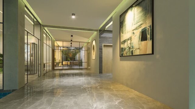 Elegant modern interior hallway with marble floor, glass walls, a swimming pool, and sophisticated lighting.