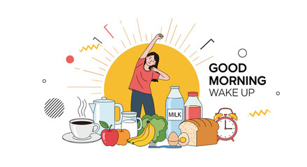 Illustrated scene of a healthy morning routine with a woman stretching, a sunrise, and a variety of nutritious breakfast foods.