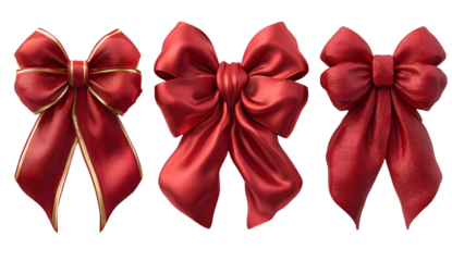 Realistic bow set. Red silk ribbons with bows festive decor satin rose, luxury elements for holiday packaging and design, elegant gift tape 3d vector decor set on white background
