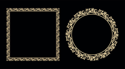 Set of decorative frames Elegant vector element for design in Eastern style, place for text. Floral black and golden borders. Lace illustration for invitations and greeting cards
