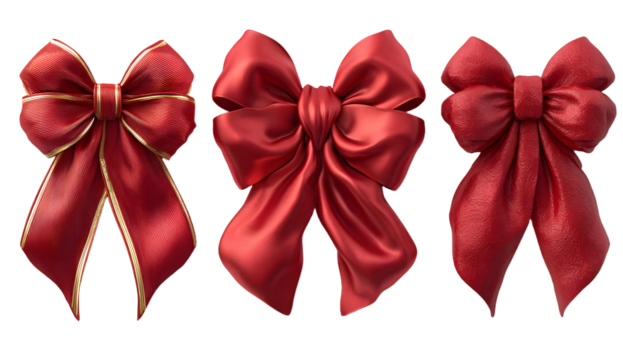 Realistic bow set. Red silk ribbons with bows festive decor satin rose, luxury elements for holiday packaging and design, elegant gift tape 3d vector decor set on white background