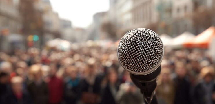 Microphone in front of crowd at event. High quality