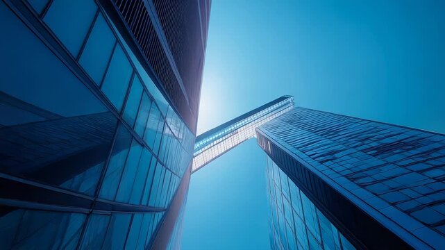 Modern glass skyscrapers connected by skywalk bridge against blue sky