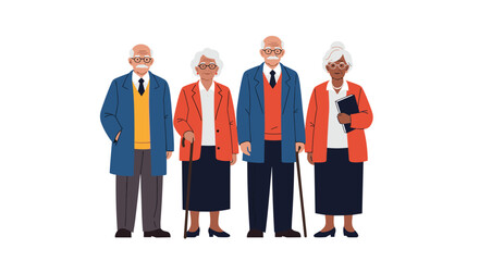 Four diverse senior professionals standing together, some with walking aids, depicting an active and engaged elderly community.