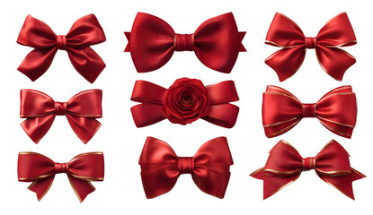 Realistic bow set. Red silk ribbons with bows festive decor satin rose, luxury elements for holiday packaging and design, elegant gift tape 3d vector decor set on white background