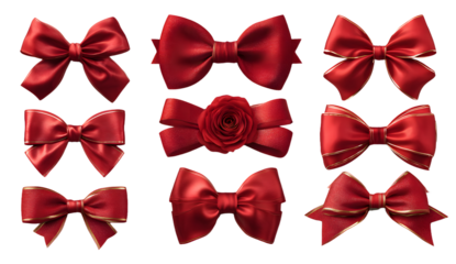 Realistic bow set. Red silk ribbons with bows festive decor satin rose, luxury elements for holiday packaging and design, elegant gift tape 3d vector decor set on white background
