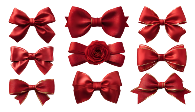 Realistic bow set. Red silk ribbons with bows festive decor satin rose, luxury elements for holiday packaging and design, elegant gift tape 3d vector decor set on white background - Powered by Adobe