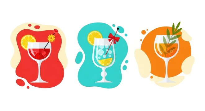 Creative illustration of colorful cocktails with lemon slice and decorations