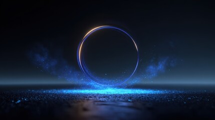 Obraz premium Futuristic neon glowing ring with blue particles on a dark reflective surface