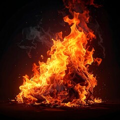 A vibrant depiction of flames rising against a dark backdrop, with soft smoke effects, creating an intense, warm visual