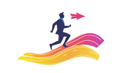 Businessman running towards success on colorful waves