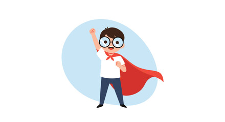 A cheerful cartoon boy in glasses and a red cape strikes a powerful superhero pose, symbolizing imagination, confidence, and learning.