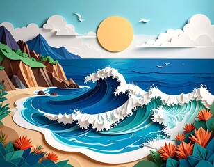 A vibrant seaside scene depicted with a paper-craft aesthetic. Includes crashing waves, a golden sun, sandy beach, and layered cliffs