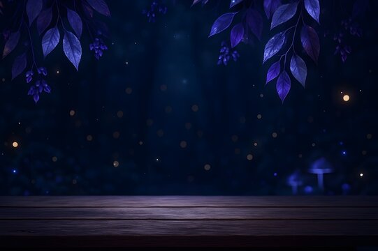 Empty Wooden Table in Magical Night Forest with Glowing Bokeh Lights