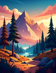 A vibrant, stylized landscape depicting a mountainous region with pine trees, a winding river, and a colorful sunset