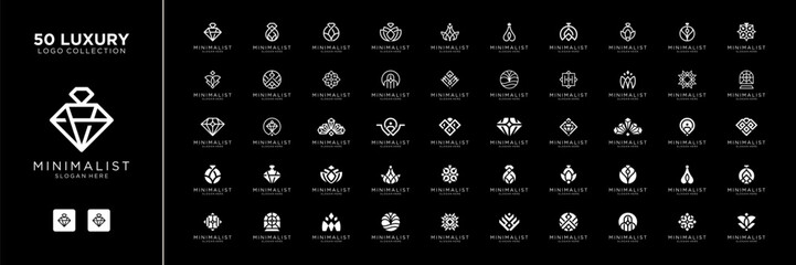 Mega logo collection with minimalist fashion symbol. Geometric abstract logo icon vector isolated on black background.