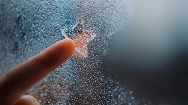 A finger gently draws a star shape on a foggy glass window, creating a sense of wonder and creativity. The blurred background adds a dreamy, inspirational atmosphere