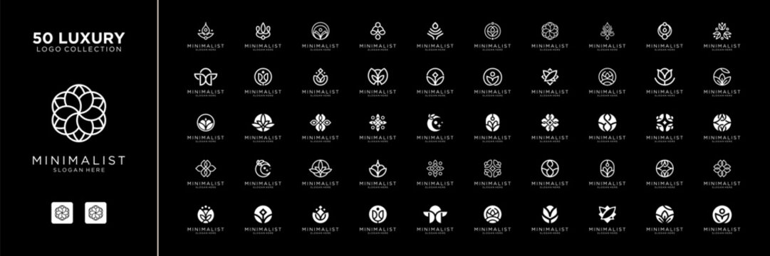 Mega logo collection with flower floral ornament. Geometric abstract logo icon vector isolated on black background.