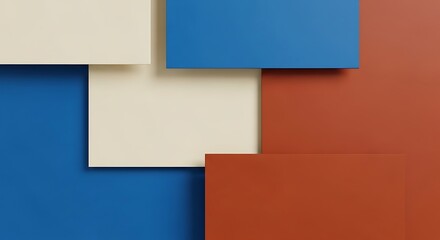 Overlapping squares of blue, beige and red create a modern background