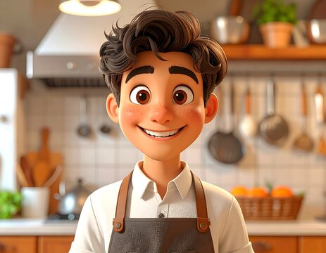 A smiling, animated, young man with brown curly hair and freckles stands in a warm kitchen, wearing an apron. Background includes cooking utensils and food - Powered by Adobe