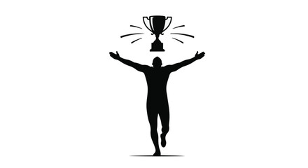 Triumphant silhouette celebrating a hard-earned victory with arms raised towards a gleaming trophy.