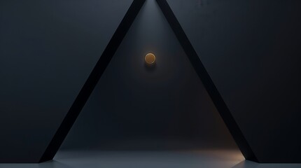 Abstract dark triangular architecture with a glowing orb in the center