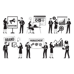 Set of people in various activities of Brand advertising, management and data analysis vector