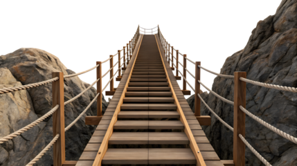 A long wooden suspension bridge with rope railings ascends between two rocky cliffs leading to an unseen destination