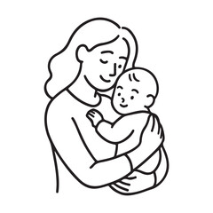 Loving mother embraces baby in heartwarming minimal line art illustration, perfect for family blogs, parenting resources, and modern baby product designs