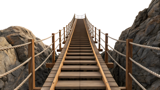 A long wooden suspension bridge with rope railings ascends between two rocky cliffs leading to an unseen destination - Powered by Adobe