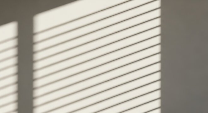 Shadows from window blinds create abstract patterns on a white wall