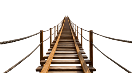 A long wooden suspension bridge with rope handrails stretches steeply upward between two rocky cliffs disappearing into the horizon