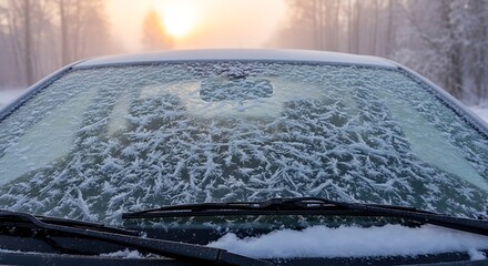 Intricate fern-like frost crystals cover a car windshield during a misty, cold winter sunrise, highlighting freezing temperatures
