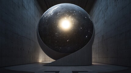 its massive sphere internally lined with a perfect, star-dusted night sky material, a single point of light representing the sun/Newton