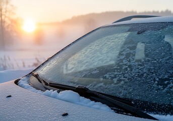 Intricate fern-like frost crystals cover a car windshield during a misty, cold winter sunrise, highlighting freezing temperatures